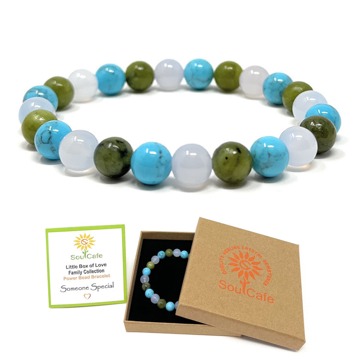 Gift for Someone Special Bracelet - Crystal Gemstone Stretch Bead Bracelet - Soul Cafe Gift Box & Tag - Jade, Turquoise, Chalcedony