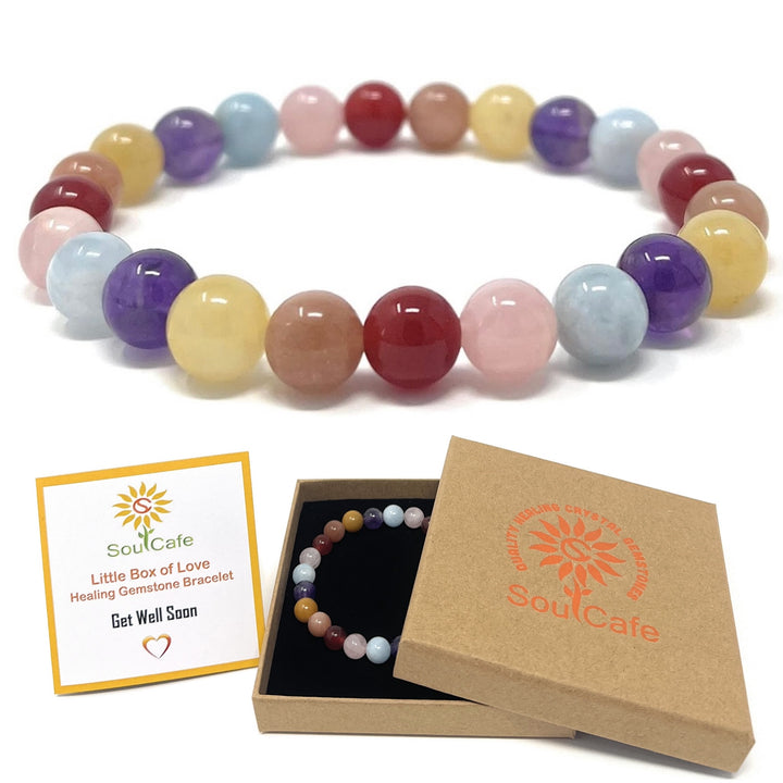 Get Well Soon Crystal Gemstone Stretch Bead Bracelet - Soul Cafe Gift Box & Crystal Propertied Card - Get Well Soon Gift