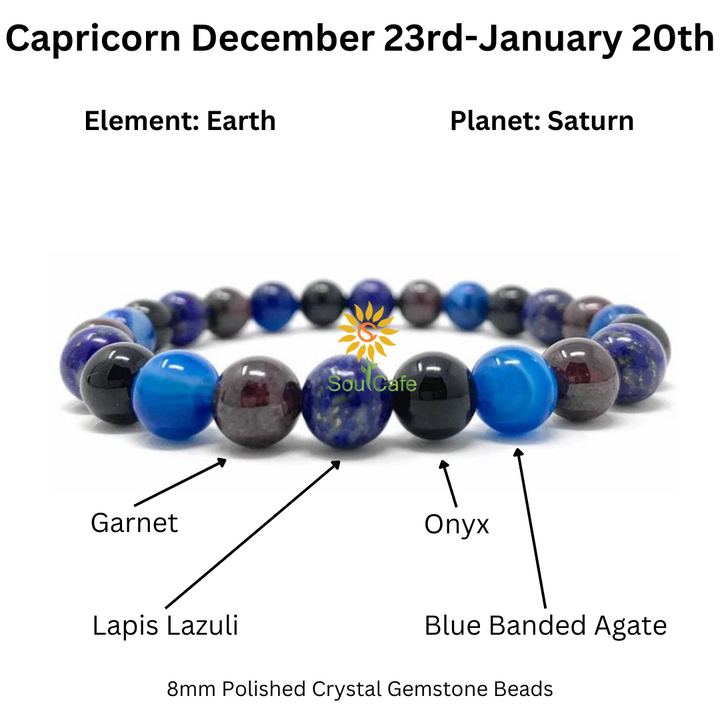 Capricorn Crystal Bracelet - Power Bracelet - Zodiac Birthstones - Gift Box & Capricorn Tag - Garnet, Blue Agate, Onyx, Lapis Lazuli