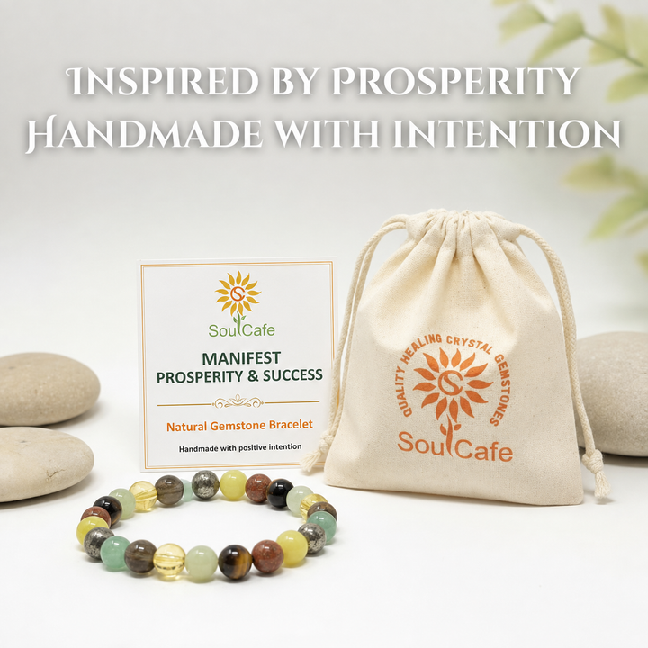 Manifesting Abundance Crystal Gemstone Stretch Bead Bracelet for Holistic Support - Prosperity Bracelet - Soul Cafe Gift Box & Tag