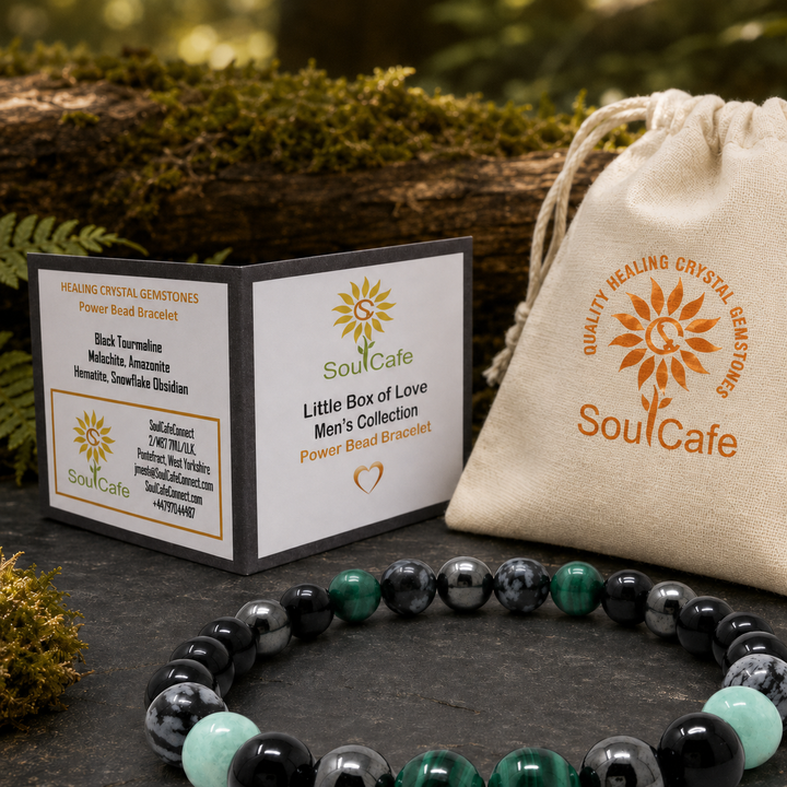 Men's Crystal Power Bead Bracelet - Black Tourmaline, Malachite, Amazonite, Hematite, Snowflake Obsidian- Soul Cafe Gift Box & Tag