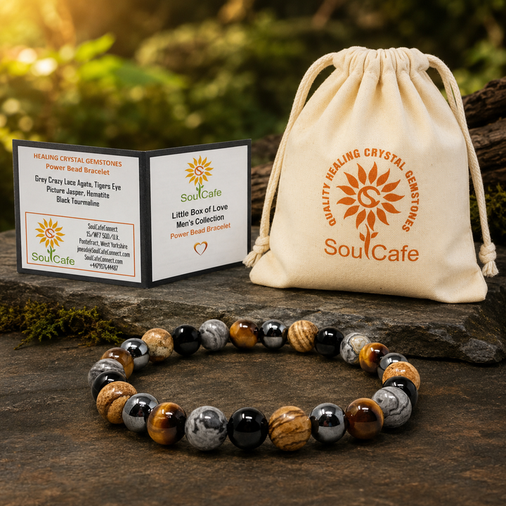 Men's Crystal Gemstone Bead Bracelet - Grey Crazy Lace Agate, Tigers Eye, Picture Jasper, Hematite, Black Tourmaline - Gift Box & Tag - XS/S/M/L/XL