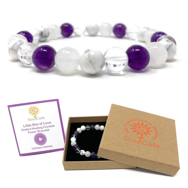 Soulcafe Crown Chakra Crystal Bead Bracelet with Gemstones for Spiritual Connection, Wellness, Reiki, Meditation & Affirmation's Gift Box & Crystal Meaning Information Tag
