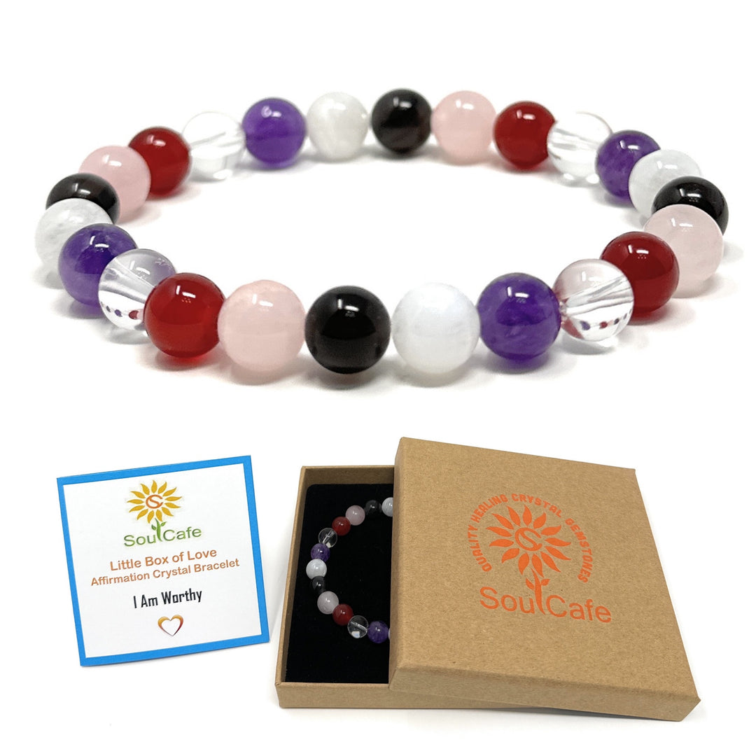 I Am Worthy - Affirmation Crystal Gemstone Bead Bracelet - Law of Attraction Crystals - SoulCafe Gift Box and Tag -  S/M/L/XL