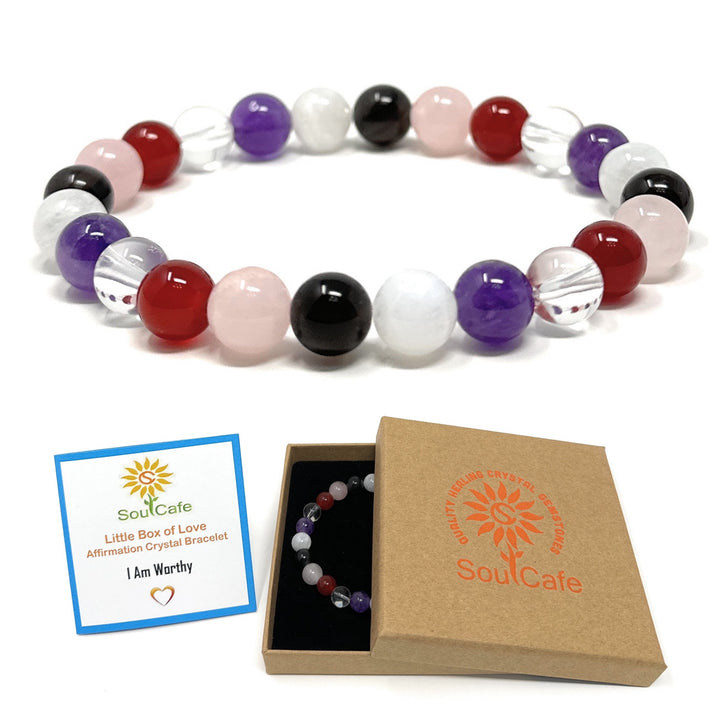 I Am Worthy - Affirmation Crystal Gemstone Bead Bracelet - Law of Attraction Crystals - SoulCafe Gift Box and Tag -  S/M/L/XL