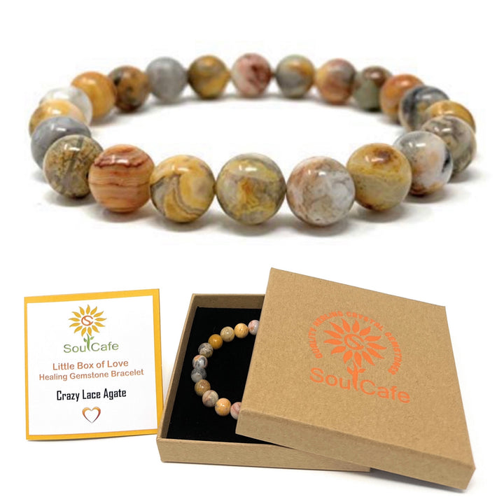 Crazy Lace Agate Crystal Gemstone Stretch Bead Bracelet - Soul Cafe Gift Box & Tag