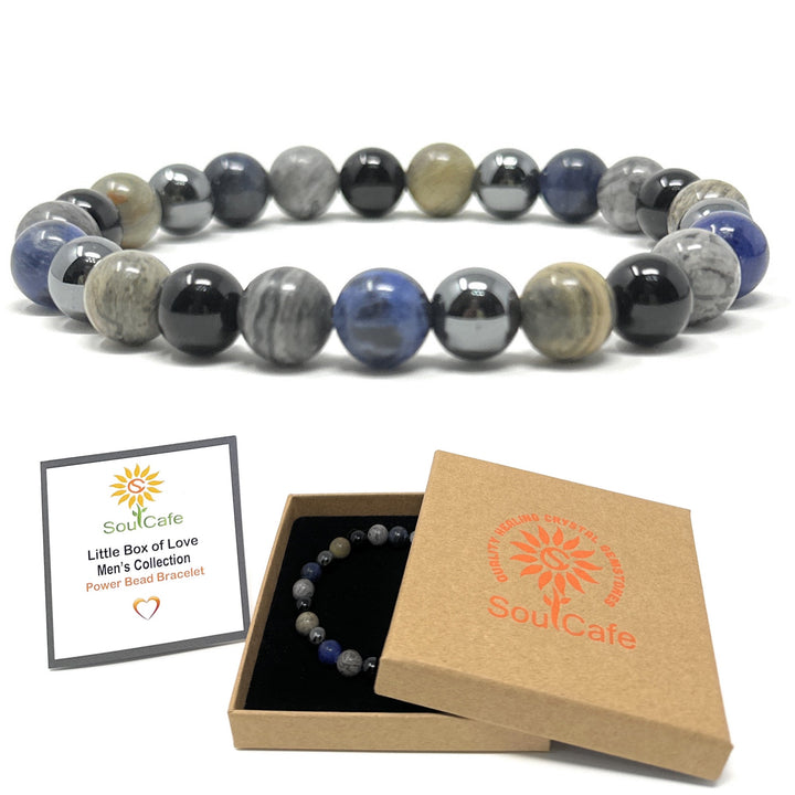 Men's Crystal Gemstone Bead Bracelet - Sodalite, Grey Crazy Lace Agate, Silver Leaf Jasper, Hematite, Tourmaline - Gift Box & Tag - S/M/L/XL