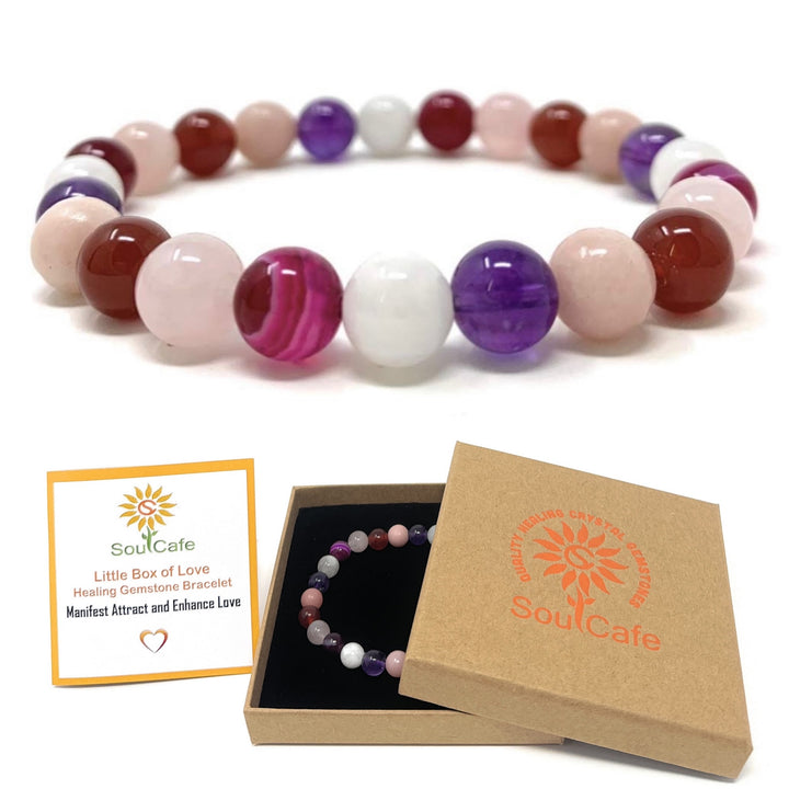 Manifest Enhance & Attract Love Crystal Gemstone Stretch Bead Bracelet  -  Soul Cafe Gift Box & Crystal Properties Infomation Card