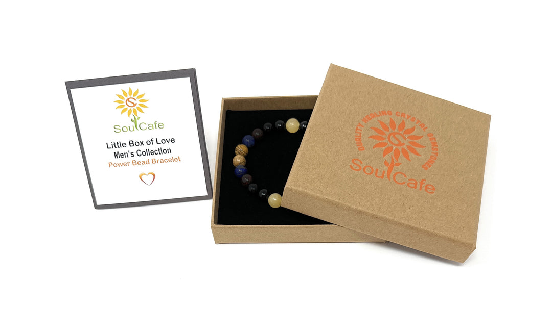 Men's Power Bead Bracelet - Lapis Lazuli, Garnet, Yellow Jade, Picture Jasper, Black Onyx- Soul Cafe Gift Box & Tag