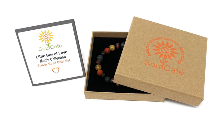 Men's Crystal Bead Stretch Bracelet -Protection, Positivity, Confidence & Success - Moss Agate, Picture Jasper, Smoky Quartz, Red Jasper, Red Tigers Eye - Soul Cafe Gift Box & Tag