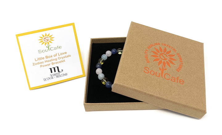 Scorpio Crystal Bracelet - Power Bracelet - Zodiac Birthstones - Gift Box & Scorpio Tag - Citrine, Sodalite, Rose Quartz, Aquamarine