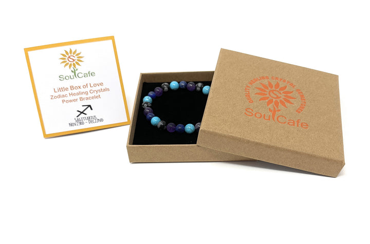 Sagittarius Crystal Bracelet - Power Bracelet - Zodiac Birthstones - Gift Box & Tag - Lapis Lazuli, Turquoise, Snowflake Obsidian, Amethyst