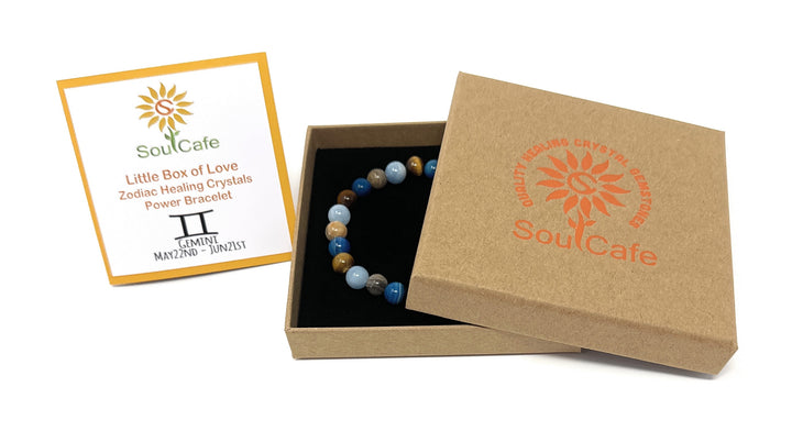 Gemini Crystal Gemstone Stretch Zodiac Bracelet- Soul Cafe Gift Box and Gemini Tag