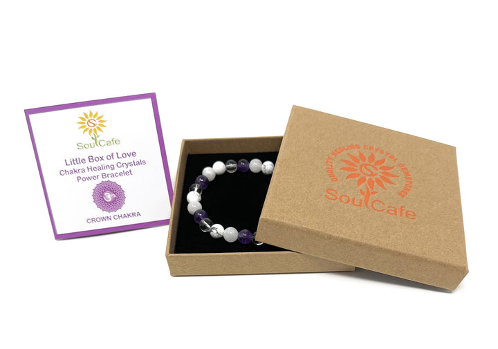 Soulcafe Crown Chakra Crystal Bead Bracelet with Gemstones for Spiritual Connection, Wellness, Reiki, Meditation & Affirmation's Gift Box & Crystal Meaning Information Tag
