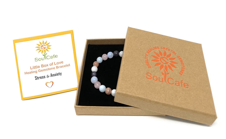 Stress and Anxiety Crystal Gemstone Stretch Bead Bracelet for Holistic Support - Soul Cafe Gift Box & Tag