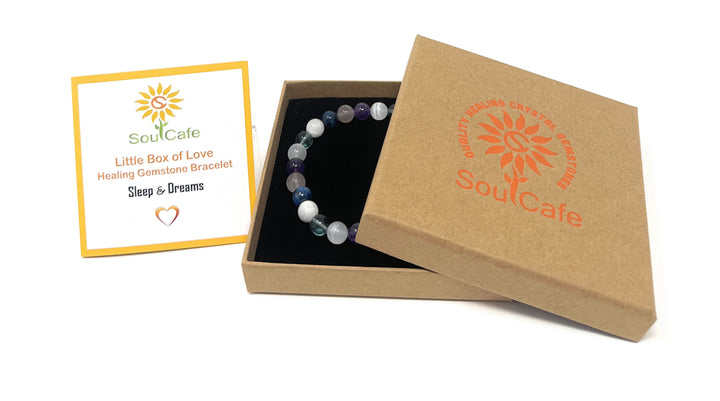 Sleep and Dream Crystal Gemstone Stretch Bead Bracelet - Soul Cafe Gift Box and Tag