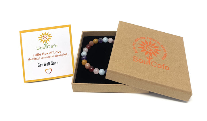 Get Well Soon Crystal Gemstone Stretch Bead Bracelet - Soul Cafe Gift Box & Crystal Propertied Card - Get Well Soon Gift