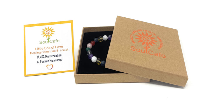 Crystal Gemstone Bead Bracelet for Holistic Support with PMS - Soul Cafe Gift Box and Tag