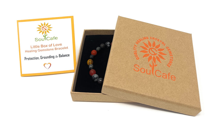 Protection & Grounding Bracelet - Stretch Crystal Gemstone Bracelet - Soul Cafe Gift Box & Information Tag - Grounding Bracelet