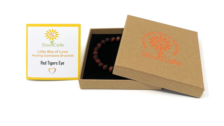 Red Tigers Eye Crystal Gemstone Bead Bracelet - Soul Cafe Gift Box & Tag