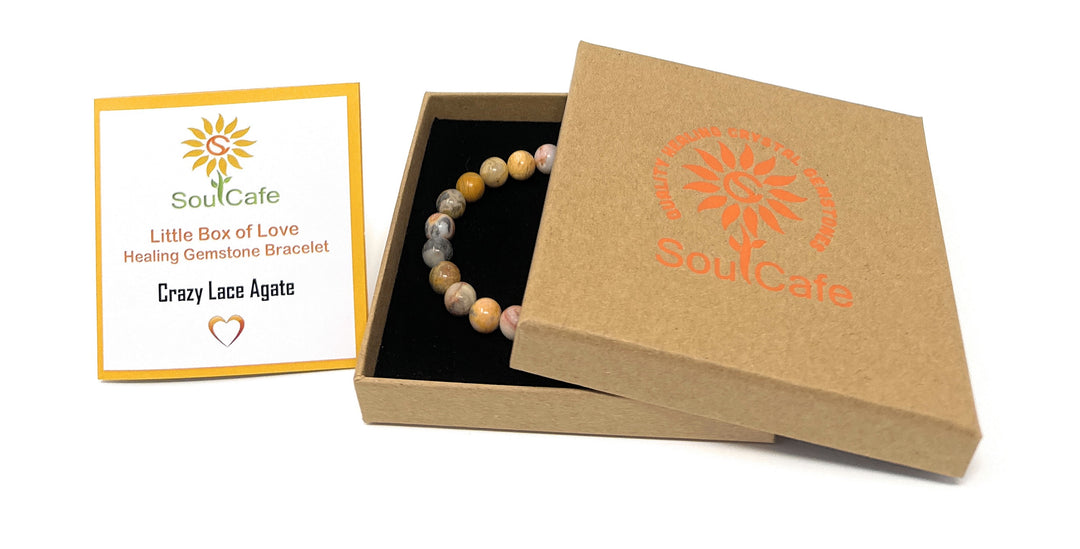 Crazy Lace Agate Crystal Gemstone Stretch Bead Bracelet - Soul Cafe Gift Box & Tag