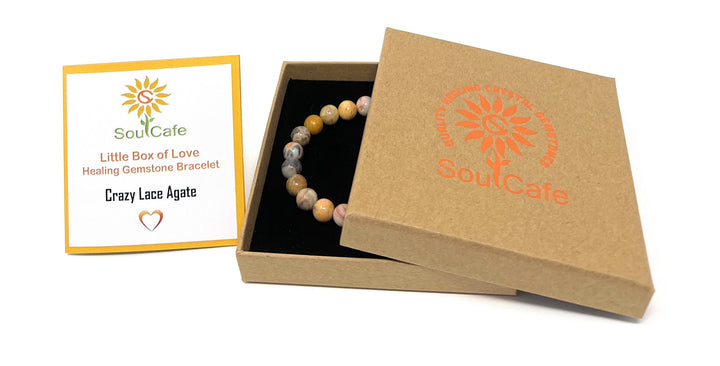 Crazy Lace Agate Crystal Gemstone Stretch Bead Bracelet - Soul Cafe Gift Box & Tag
