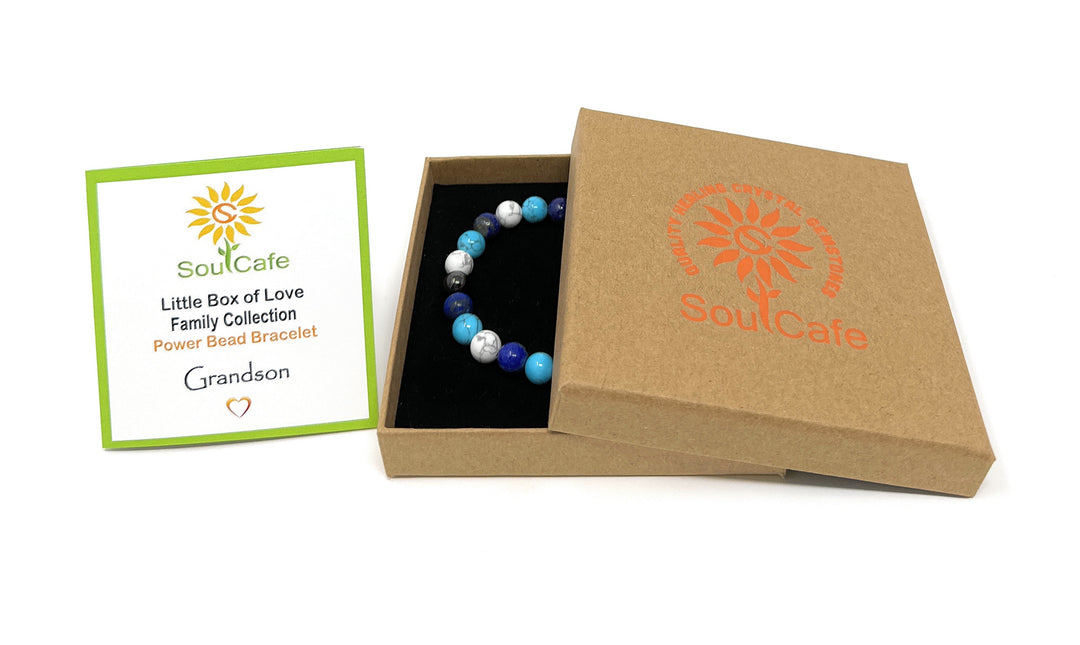 Gift for Grandson - Stretch Bead Crystal Gemstone Bracelet - Soul Cafe Gift Box & Tag