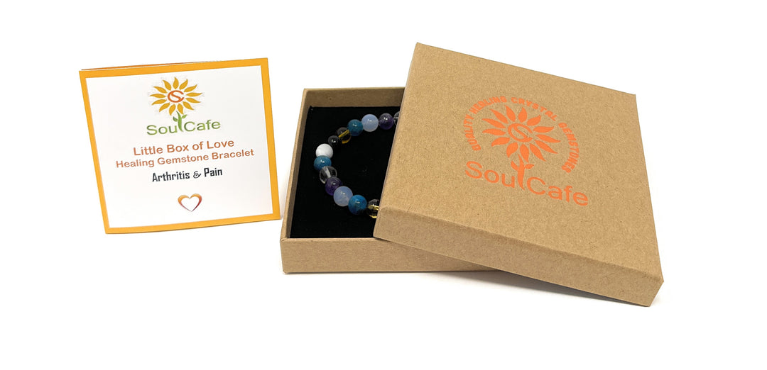 Arthritis and Pain Crystal Gemstone Stretch Bead Bracelet - Soul Cafe Gift Box & Tag, Holistic Crystal Healing