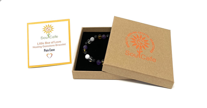 Crystal Gemstone Holistic Pain Support Stretch Bead Bracelet  - Soul Cafe Gift Box and Information Tag - Wellbeiing Crystals