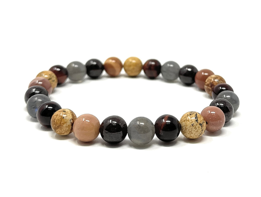 Men's Stretch Power Bead Bracelet - Red Tigers Eye, Moonstone, Garnet, Picture Jasper, Mookaite Gift Box & Tag