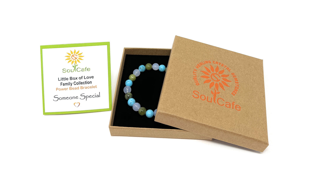 Gift for Someone Special Bracelet - Crystal Gemstone Stretch Bead Bracelet - Soul Cafe Gift Box & Tag - Jade, Turquoise, Chalcedony