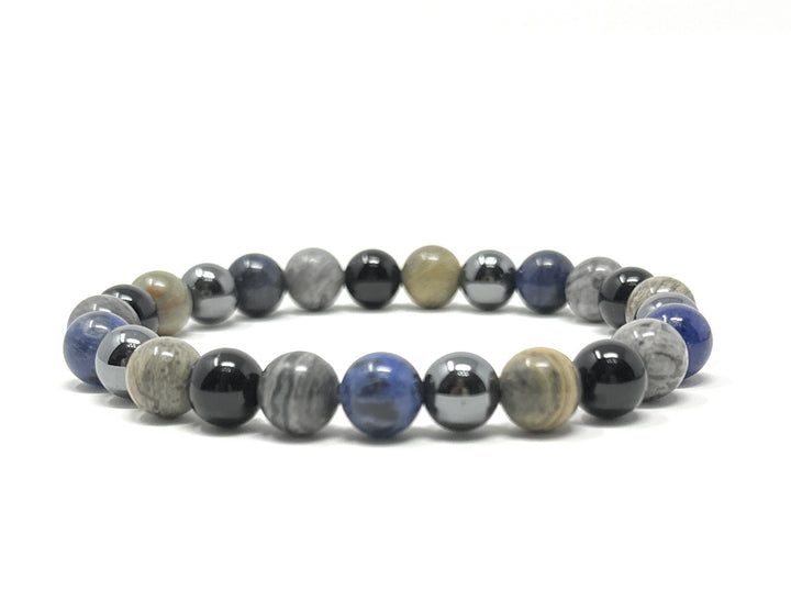 Men's Crystal Gemstone Bead Bracelet - Sodalite, Grey Crazy Lace Agate, Silver Leaf Jasper, Hematite, Tourmaline - Gift Box & Tag - S/M/L/XL