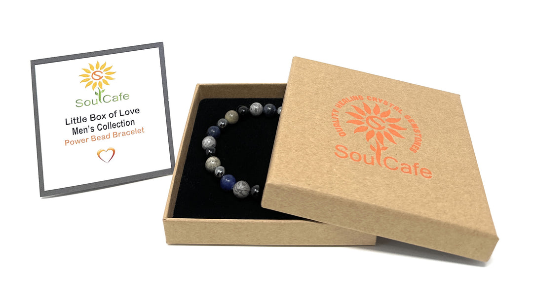 Men's Crystal Gemstone Bead Bracelet - Sodalite, Grey Crazy Lace Agate, Silver Leaf Jasper, Hematite, Tourmaline - Gift Box & Tag - S/M/L/XL