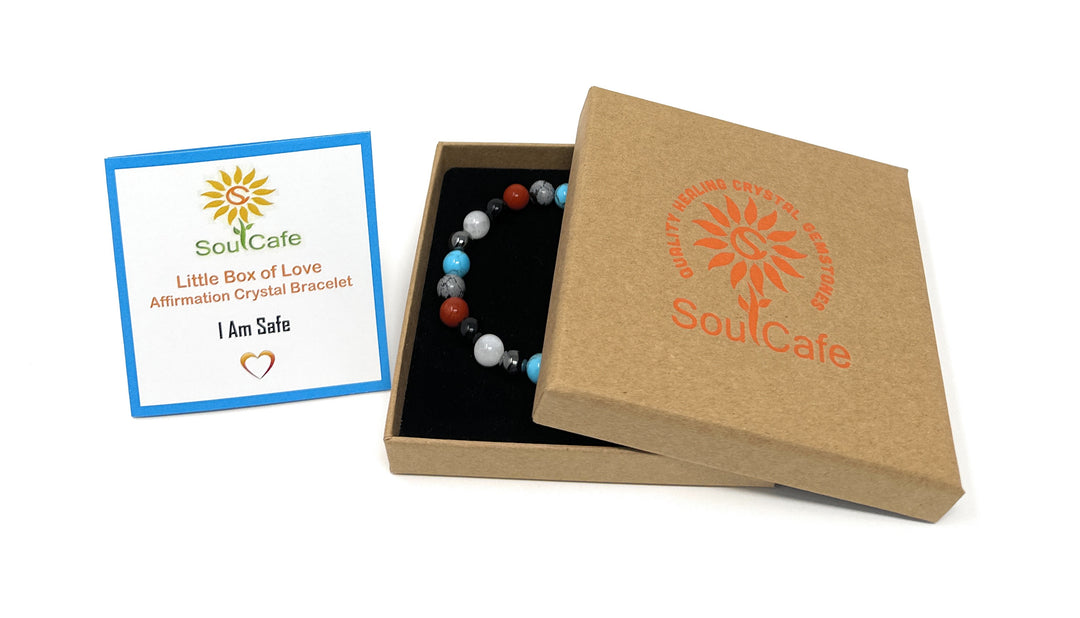 I Am Safe - Affirmation Crystal Gemstone Bead Bracelet - Law of Attraction Crystals - SoulCafe Gift Box and Tag -  S/M/L/XL