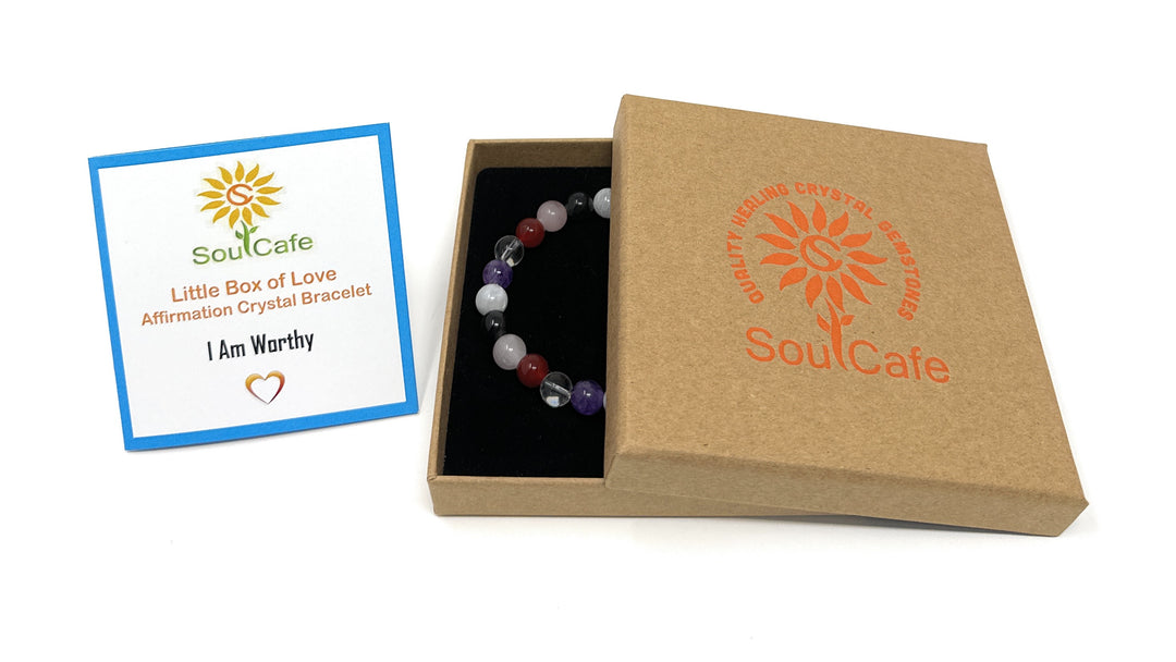 I Am Worthy - Affirmation Crystal Gemstone Bead Bracelet - Law of Attraction Crystals - SoulCafe Gift Box and Tag -  S/M/L/XL