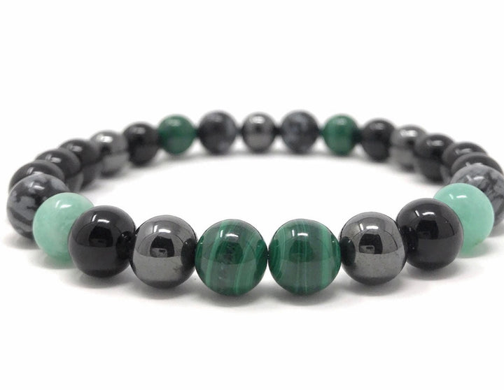 Men's Crystal Power Bead Bracelet - Black Tourmaline, Malachite, Amazonite, Hematite, Snowflake Obsidian- Soul Cafe Gift Box & Tag