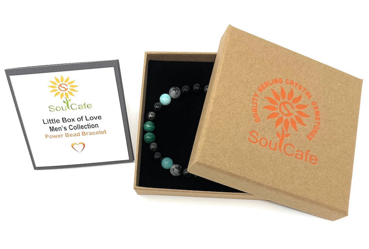 Men's Crystal Power Bead Bracelet - Black Tourmaline, Malachite, Amazonite, Hematite, Snowflake Obsidian- Soul Cafe Gift Box & Tag