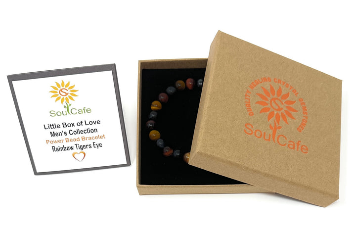 Men's Rainbow Tigers Eye Crystal Gemstone Power Bead Stretch Bracelet - Soul Cafe Gift Box & Crystal Meaning Card