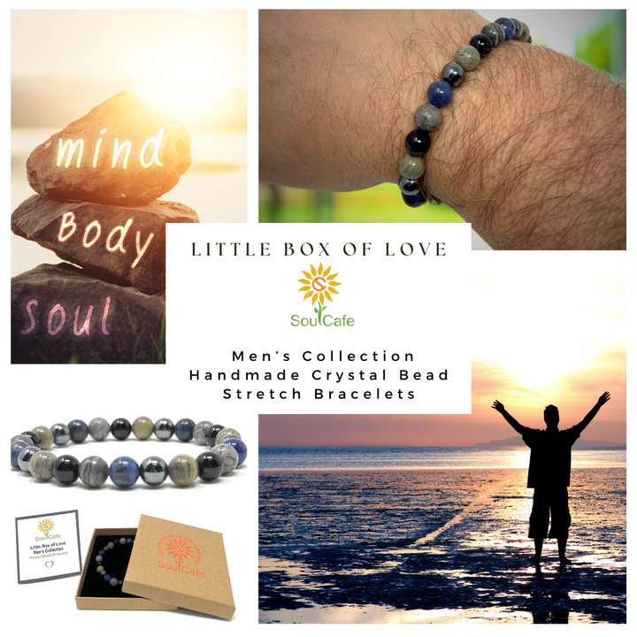 Men's Crystal Gemstone Bead Bracelet - Sodalite, Grey Crazy Lace Agate, Silver Leaf Jasper, Hematite, Tourmaline - Gift Box & Tag - S/M/L/XL
