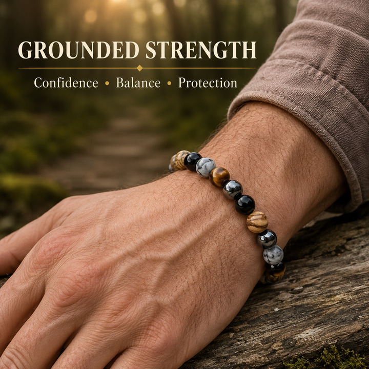 Men's Crystal Gemstone Bead Bracelet - Grey Crazy Lace Agate, Tigers Eye, Picture Jasper, Hematite, Black Tourmaline - Gift Box & Tag - XS/S/M/L/XL