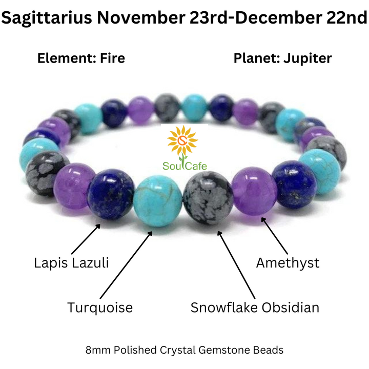 Sagittarius Crystal Bracelet - Power Bracelet - Zodiac Birthstones - Gift Box & Tag - Lapis Lazuli, Turquoise, Snowflake Obsidian, Amethyst