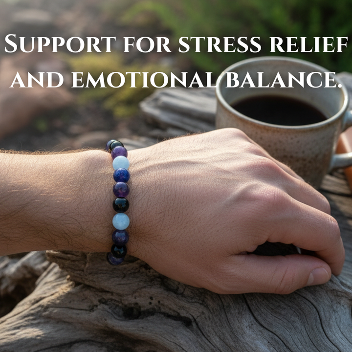 Men's Calm and Stress Holistic Support Crystal Gemstone Bead Bracelet - Soul Cafe Gift Box & Crystal information Card