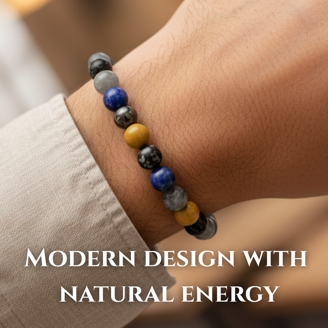 Men's Power Bead Bracelet - Labradorite, Lapis Lazuli, Yellow Jasper, Snowflake Obsidian, Hematite - Soul Cafe Gift Box & Tag