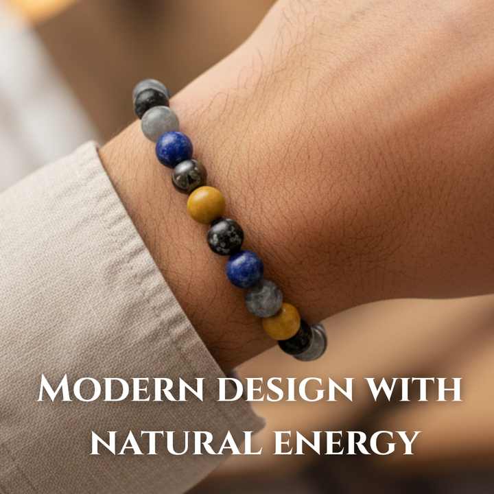 Men's Power Bead Bracelet - Labradorite, Lapis Lazuli, Yellow Jasper, Snowflake Obsidian, Hematite - Soul Cafe Gift Box & Tag