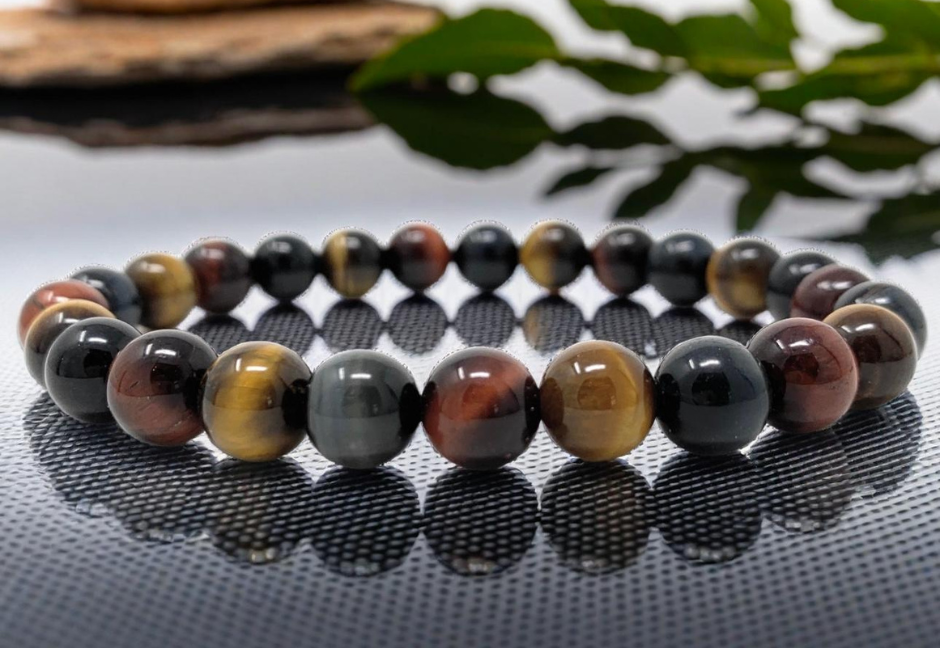 Men's Rainbow Tigers Eye Crystal Gemstone Power Bead Stretch Bracelet - Soul Cafe Gift Box & Crystal Meaning Card