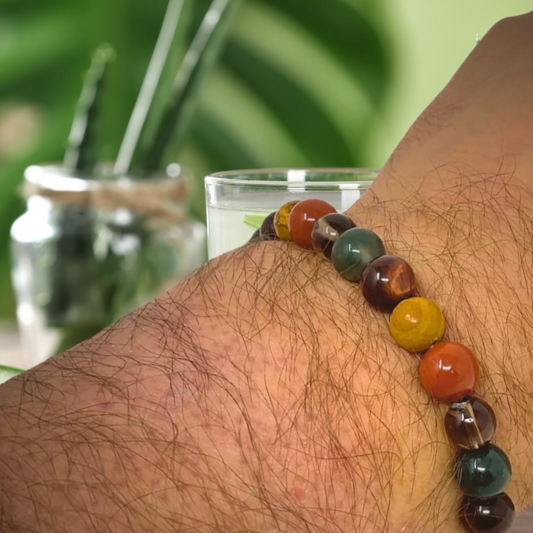 Men's Crystal Bead Stretch Bracelet -Protection, Positivity, Confidence & Success - Moss Agate, Picture Jasper, Smoky Quartz, Red Jasper, Red Tigers Eye - Soul Cafe Gift Box & Tag