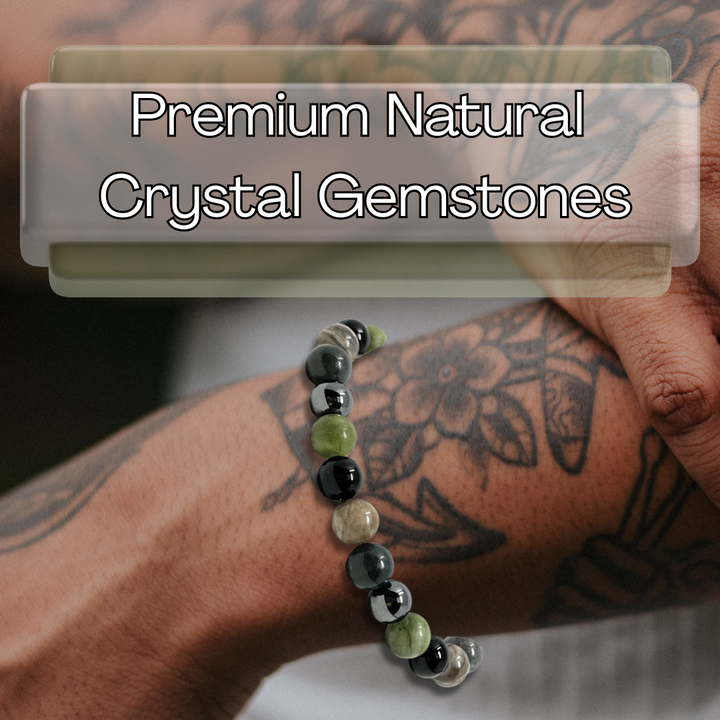 Men's Crystal Gemstone Bead Bracelet - Bloodstone, Jade, Ocean Jasper, Hematite, Black Tourmaline - Gift Box & Tag - XS/S/M/L/XL