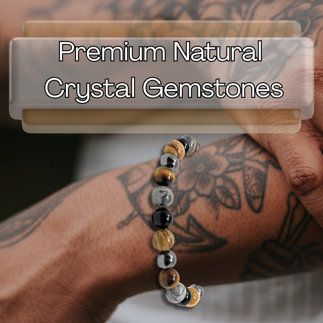 Men's Crystal Gemstone Bead Bracelet - Grey Crazy Lace Agate, Tigers Eye, Picture Jasper, Hematite, Black Tourmaline - Gift Box & Tag - XS/S/M/L/XL