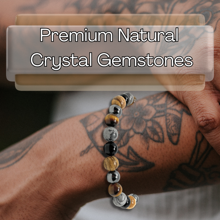 Men's Crystal Gemstone Bead Bracelet - Grey Crazy Lace Agate, Tigers Eye, Picture Jasper, Hematite, Black Tourmaline - Gift Box & Tag - XS/S/M/L/XL