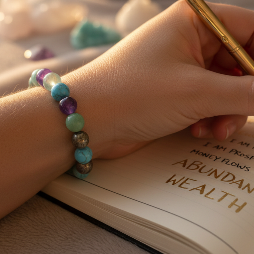 Soulcafe I Am Wealthy Affirmation Crystal Bracelet – Handmade Gemstone Bead Bracelet for Abundance, Prosperity & Positive Energy - Law of Attraction Crystals - SoulCafe Gift Box and Tag -  S/M/L/XL